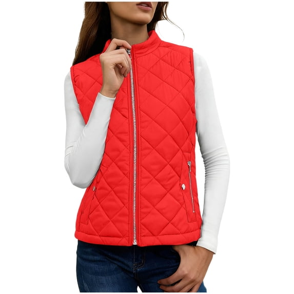 thefmos Women's Fall Winter Sleeveless Zipper Vest Coat Solid Casual Warm Outerwear Quilted Puffer Vest for Women Fashion Layering Piece Cold Weather, Red S