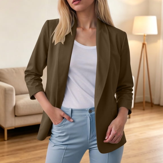 thefmos Women's Fall Winter Spring 3/4 Sleeve Blazer Open Front Casual Work Jacket Solid Collared Business Tops Lightweight Office Outerwear, Brown L