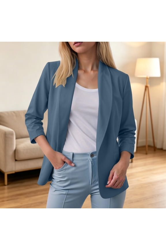 Women's Fall Winter Spring 3/4 Sleeve Blazer Open Front Casual Work Jacket Solid Collared Business Tops Lightweight Office Outerwear, Light Blue S