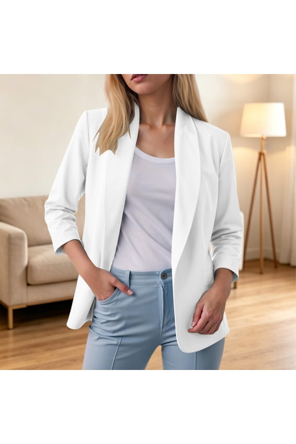 Women's Fall Winter Spring 3/4 Sleeve Blazer Open Front Casual Work Jacket Solid Collared Business Tops Lightweight Office Outerwear, White M