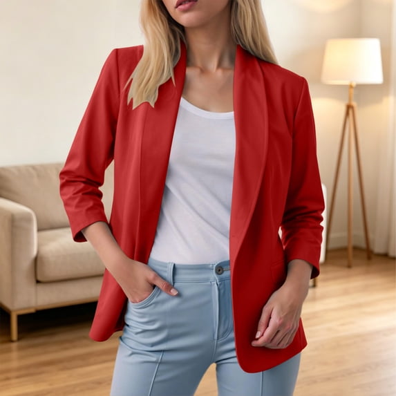 thefmos Women's Fall Winter Spring 3/4 Sleeve Blazer Open Front Casual Work Jacket Solid Collared Business Tops Lightweight Office Outerwear, Wine 2XL