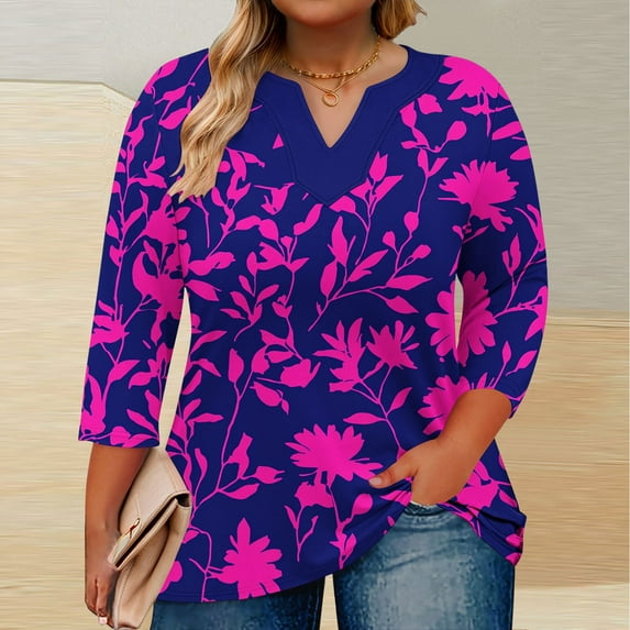 thefmos Women's Fall Winter V Neck 3/4 Sleeve Floral Ruffle Blouses for Women Plus Size Tops Casual Cute Trendy Pullover Tshirt Loose Fit Comfy Business Work Clothes, Purple 5XL