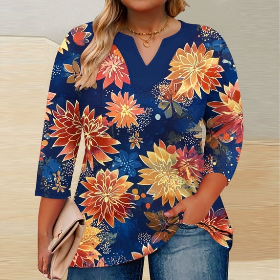 thefmos Women's Fall Winter V Neck 3/4 Sleeve Floral Ruffle Blouses for Women Plus Size Tops Casual Cute Trendy Pullover Tshirt Loose Fit Comfy Business Work Clothes, Orange XL