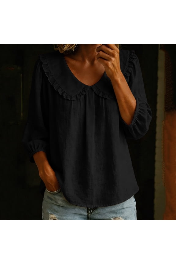 Women's Fall Winter V Neck 3/4 Sleeve Ruffle Blouse Dressy Casual Loose Tunic Tops Solid Color Flowy Boho Shirt for Vacation, Black M