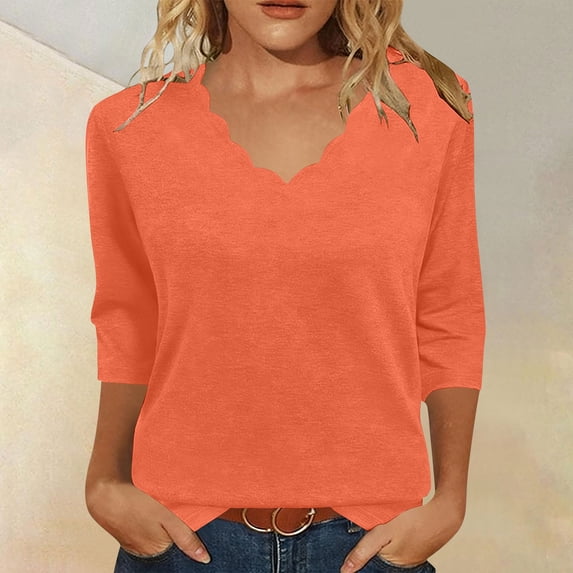 thefmos Women's Fall Winter V Neck 3/4 Sleeve Solid Basic Casual Pullover Tops Loose Long Sleeve Tee Shirts Cozy Layering Blouses For Daily Wear, Orange XL