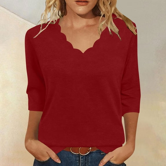 thefmos Women's Fall Winter V Neck 3/4 Sleeve Solid Basic Casual Pullover Tops Loose Long Sleeve Tee Shirts Cozy Layering Blouses For Daily Wear, Wine 2XL