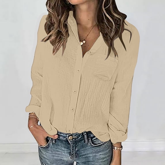 thefmos Women's Fall Winter V Neck Long Sleeve Button Down Blouses Solid Casual Shirt Dressy Tops Trendy Work Cute Pullover, Khaki S
