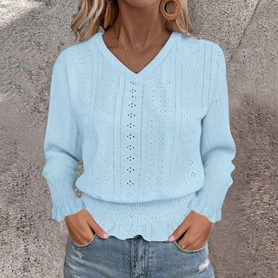 thefmos Women's Fall Winter V Neck Long Sleeve Eyelet Ruffle Pullover Tops Cute Boho Casual Blouses Basic Solid Tunic Shirts Loose Fit Comfy Sweatshirts Clothes, Blue M