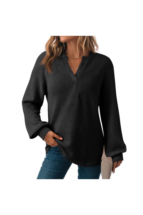Women's Fall Winter V Neck Long Sleeve Knitted Pullover Tops Solid Boho Casual Loose Fit Cozy Blouses Chunky Knitwear Tunic Tops for Trendy Street Style Everyday Wear, Black S