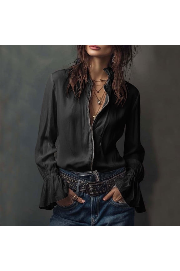 Women's Fall Winter V Neck Long Sleeve Ruffle Zip Open Front Blouse Casual Solid Basic Tunic Tops for Women Trendy Cute Comfy Business Work Clothes, Black 2XL
