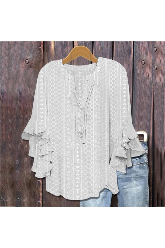 Women's Fall Winter V Neck Ruffle Sleeve Button Down Flowy Boho Casual Pullover Tops Blouse Solid Shirts, White 2XL