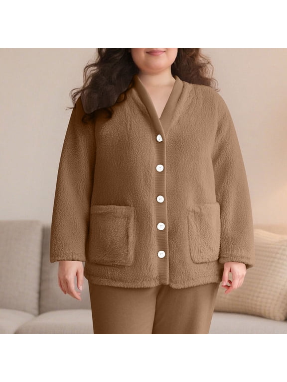 Women's Fleece Jacket Cozy Warm Bed Jacket Fuzzy V Neck Button Up Long Sleeve Winter Coat for Elderly Women Sleepwear, Brown 3XL