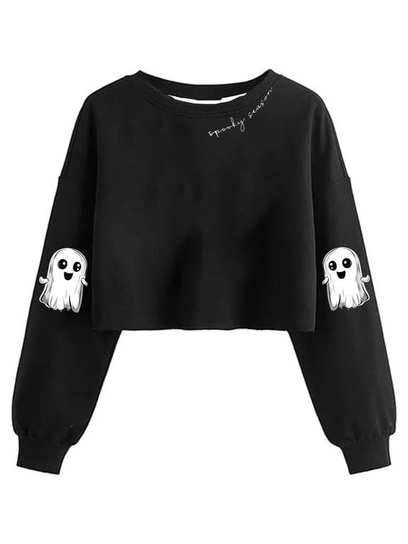 Women's Halloween Round Neck Long Sleeve Crop Top Cute Goth Graphic Casual Pullover Tops Fall Winter Fashion Tunic Blouses, Black XL