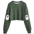 thumbnail image 1 of thefmos Women's Halloween Round Neck Long Sleeve Crop Top Cute Goth Graphic Casual Pullover Tops Fall Winter Fashion Tunic Blouses, Green M, 1 of 2