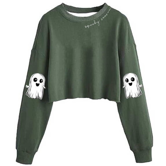 thefmos Women's Halloween Round Neck Long Sleeve Crop Top Cute Goth Graphic Casual Pullover Tops Fall Winter Fashion Tunic Blouses, Green M