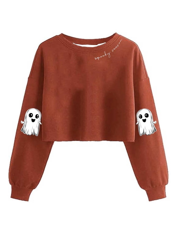 Women's Halloween Round Neck Long Sleeve Crop Top Cute Goth Graphic Casual Pullover Tops Fall Winter Fashion Tunic Blouses, Orange M