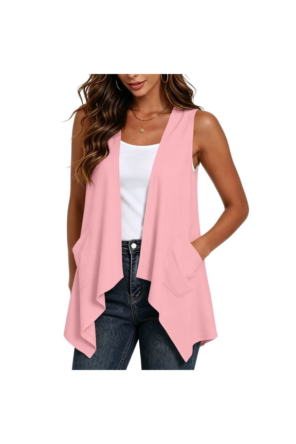 Women's Sleeveless Open Front Cardigan Casual Basic Vest Solid Color Fall Spring Cover Up Lightweight Layering Top, Pink 2XL