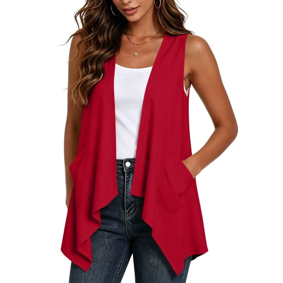 thefmos Women's Sleeveless Open Front Cardigan Casual Basic Vest Solid Color Fall Spring Cover Up Lightweight Layering Top, Red M