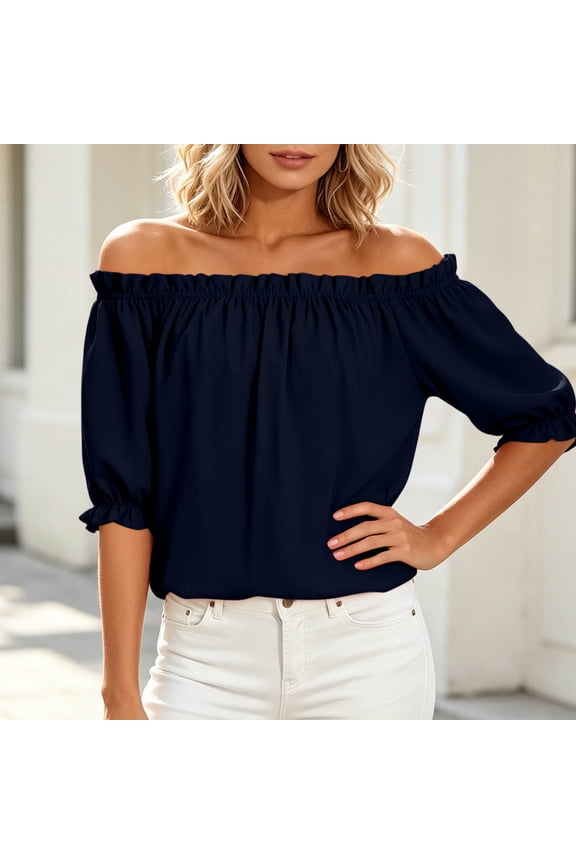 Women's Summer Off Shoulder Tops 3/4 Sleeve Ruffle Flowy Casual Basic Pullover Blouses Solid Boho Cute Trendy Beach Holiday Outfits, Navy 2XL