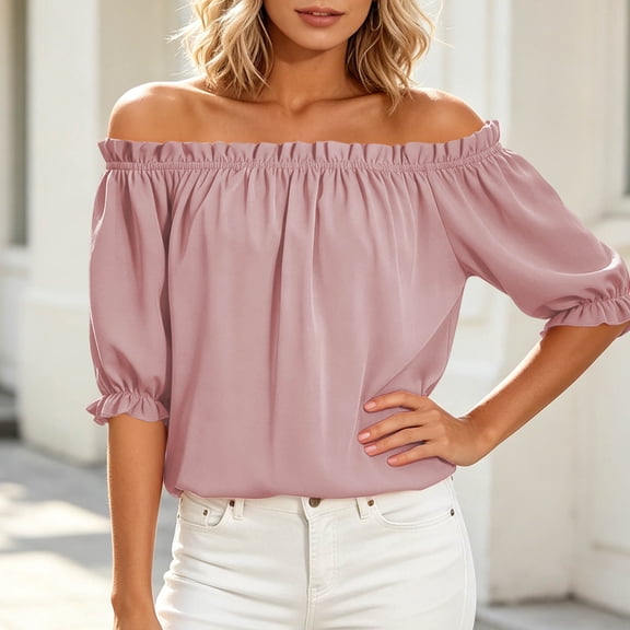thefmos Women's Summer Off Shoulder Tops 3/4 Sleeve Ruffle Flowy Casual Basic Pullover Blouses Solid Boho Cute Trendy Beach Holiday Outfits, Pink L