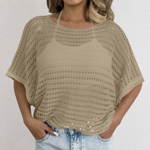 thefmos Women's Summer Round Neck Eyelet Crochet Half Sleeve Flowy Casual Cover Up Pullover Tops Solid Boho Beach Vacation Loose, Khaki Free Size