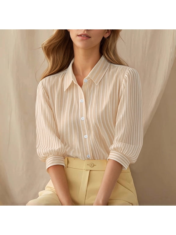 Women's Summer Striped Button Down Blouse for Women Casual 3/4 Sleeve Collared Shirt Solid Basic Business Work Office Tops Trendy Cute Comfy Pullover, Khaki L