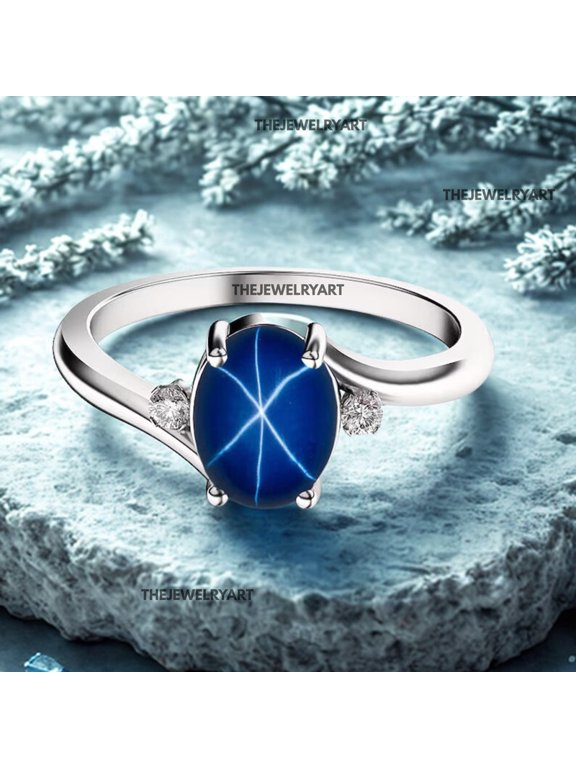 6-Ray Star Blue Sapphire Ring 925 Sterling Silver Setting Oval Gemstone, Vintage-Inspired Statement Jewelry Elegant Gift for Her Silver 3