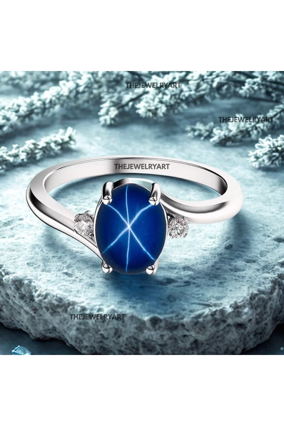 6-Ray Star Blue Sapphire Ring 925 Sterling Silver Setting Oval Gemstone, Vintage-Inspired Statement Jewelry Elegant Gift for Her Silver 6.5