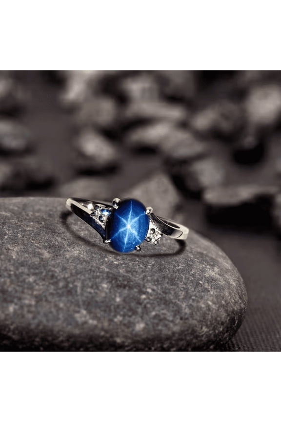 925 Sterling Silver Blue 6 Rays Star Sapphire Gemstone Engagement Ring Handmade Women Jewelry Timeless Gift for Her Silver 12