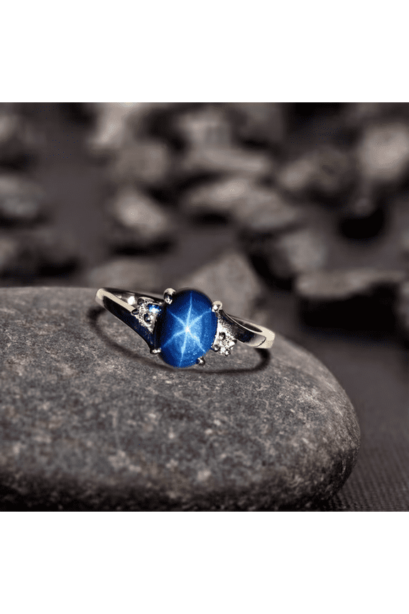 925 Sterling Silver Blue 6 Rays Star Sapphire Gemstone Engagement Ring Handmade Women Jewelry Timeless Gift for Her Silver 6