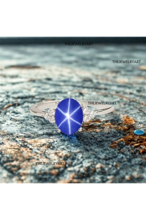 925 Sterling Silver Blue Star Sapphire Gemstone Ring Blue Star Gems Wedding & Bridal Ring Handmade Jewelry for Her Silver 9.5