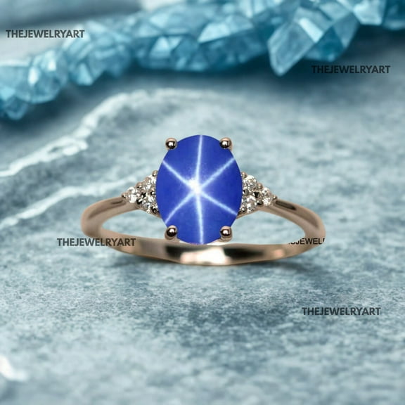 thejewelryart 925 Sterling Silver Oval Blue Star Sapphire Ring Handmade Jewelry Special Occasion Gift Perfect Women's Engagement Black Vermeil 7