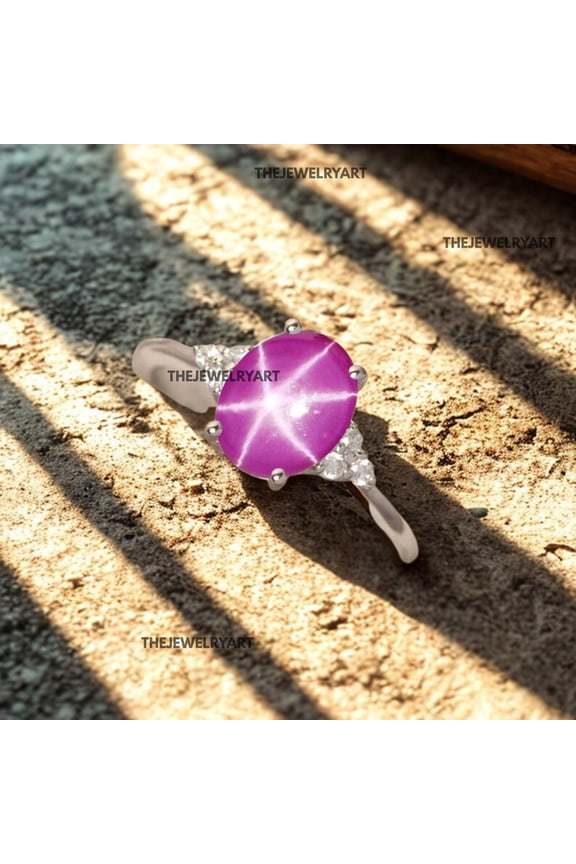 925 Sterling Silver Pink Star Ruby Ring Dainty 6-Ray Star Pink Gemstone Engagement Ring Handmade Jewelry for Her Silver 11