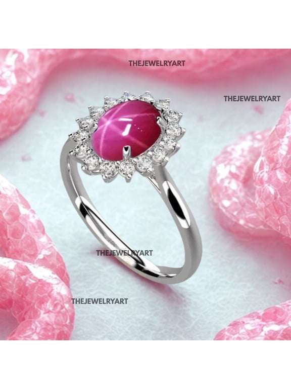 925 Sterling Silver Pink Star Sapphire Halo Ring Vintage-Inspired Halo Setting Statement Jewelry Gem Ring for Women Black Vermeil 10.5