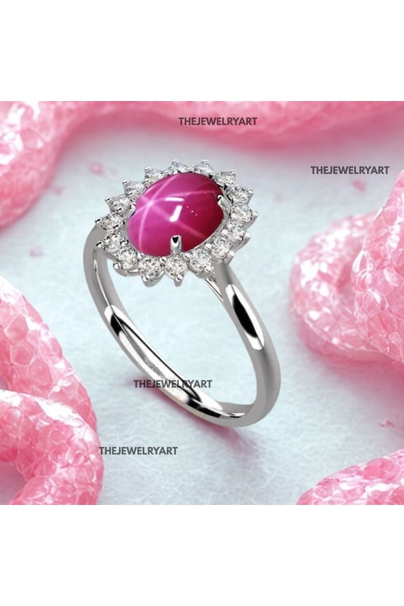 925 Sterling Silver Pink Star Sapphire Halo Ring Vintage-Inspired Halo Setting Statement Jewelry Gem Ring for Women Silver 5