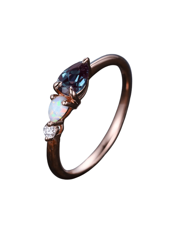 Alexandrite & Opal Engagement Ring with Pear Cut Gems Moissanite Band 3-Stone Unique Women's Bridal Ring for Her Black Vermeil 12.5