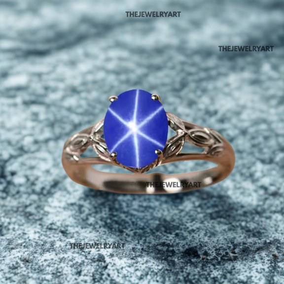 thejewelryart Blue Star Sapphire Ring 925 Sterling Silver and Gemstone Elegant Wedding & Engagement Ring Bridal Jewelry for Gift Gold 7