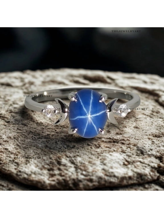 Blue Star Sapphire Ring – Natural Asterism Sterling Silver, Fine Jewelry Oval Cut Gemstone Ring for Special Occasions Black Vermeil 7.5