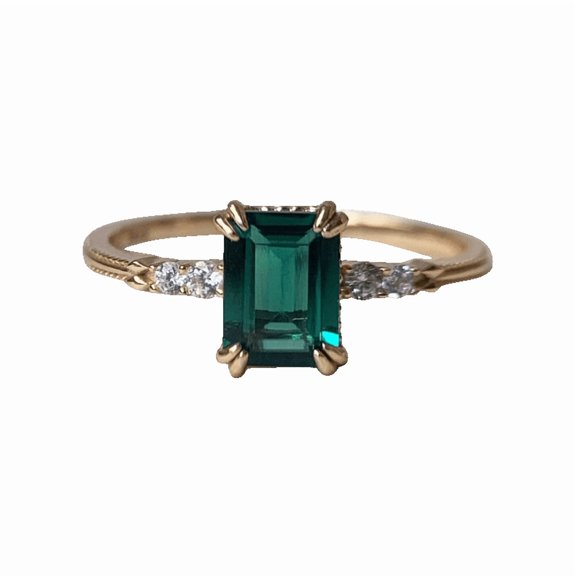 thejewelryart Elegant Emerald Ring Emerald Cut Engagement Ring May Birthstone Gift for Her Sterling Silver Jewelry For Women Gold 10.5