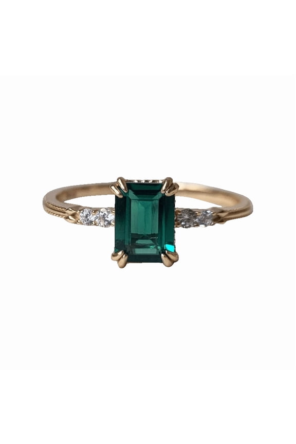 Elegant Emerald Ring Emerald Cut Engagement Ring May Birthstone Gift for Her Sterling Silver Jewelry For Women Silver 5.5