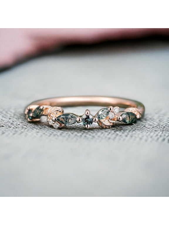 Leaf Vine Moss Agate Wedding Band Marquise Alexandrite, Moissanite Dainty Promise Ring Bridal Jewelry for Her Gold 10.5