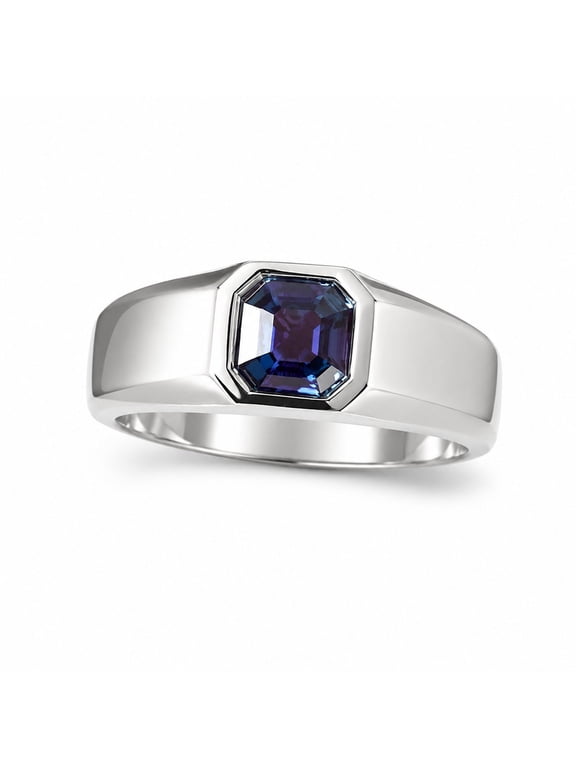 Men's Alexandrite Ring, Asscher Cut June Birthstone, Sterling Silver Bezel Wedding Band, Purple Lab Gemstone Silver 3