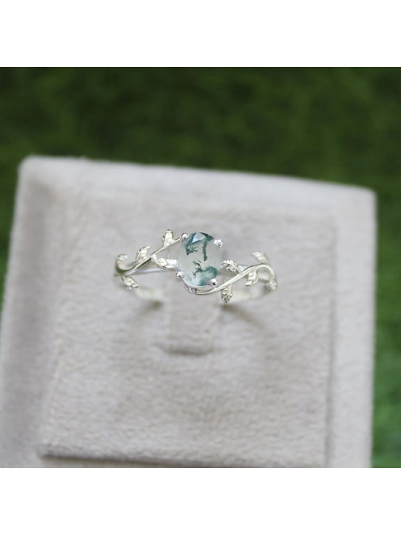 Moss Agate Sterling Silver Ring – Twisted Vine Engagement Promise Band Silver 8