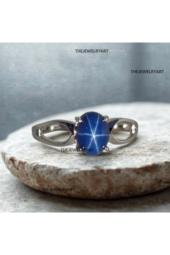 Natural Blue Star Sapphire Gemstone with Six-Ray Ring 925 Sterling Silver, Elegant Handcrafted Jewelry Gift for Women Rose Gold 5