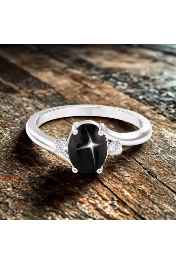 Oval-Cut Black Star Diopside Gemstccccone Ring 925 Sterling Silver Handcrafted Elegant Statement Jewelry Gift for Her Black Vermeil 5
