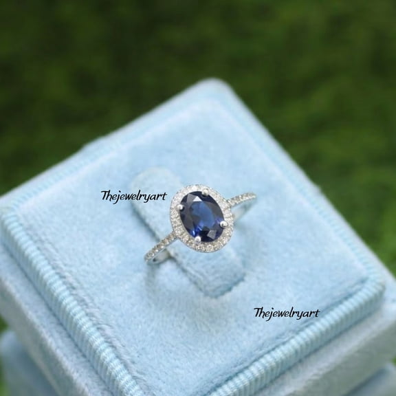 thejewelryart Oval Cut Blue Sapphire Engagement Ring for Women, 925 Sterling Silver Diamond Accent Halo Ring, Wedding Gift Gold 9