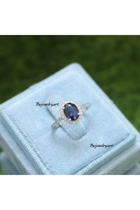 Oval Cut Blue Sapphire Engagement Ring for Women, 925 Sterling Silver Diamond Accent Halo Ring, Wedding Gift Silver 3