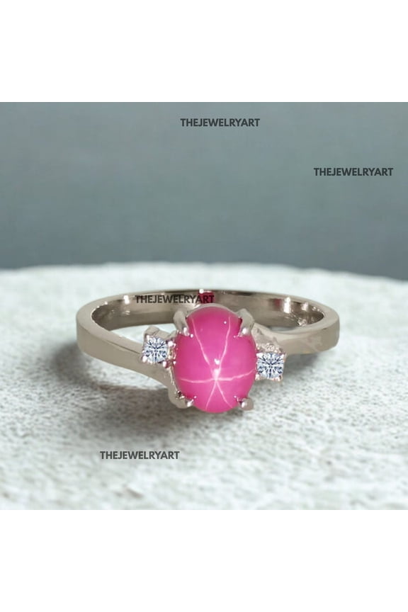 Pink Star Sapphire Ring – Oval-Cut Gemstone with 6 Ray Star 925 Sterling Silver Ring Handcrafted Jewelry for Women Silver 6.5