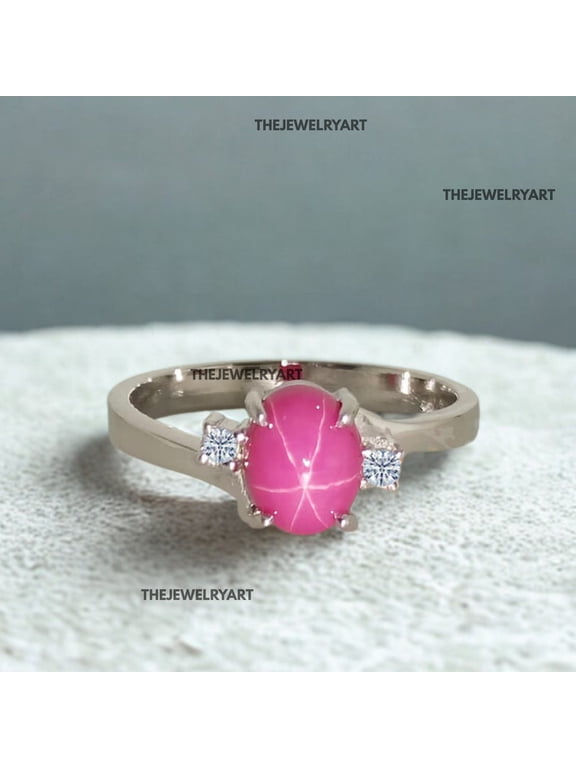 Pink Star Sapphire Ring – Oval-Cut Gemstone with 6 Ray Star 925 Sterling Silver Ring Handcrafted Jewelry for Women Silver 9.5