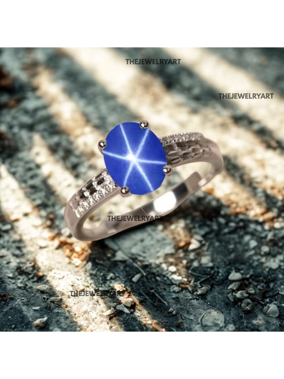 Sterling Silver 925 Blue Star Sapphire Gemstone Ring Sparkling Star Gems Ring Handmade Elegant Jewelry for Her Silver 8.5
